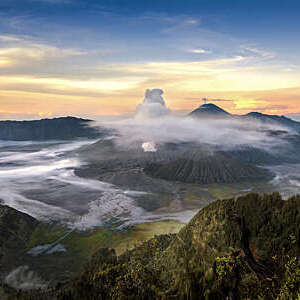 view of Mount Bromo Volcano, the famous place for traveller, at sunrise , East Java, Indonesia