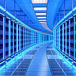 Network and internet communication technology concept, data center interior, server racks with telecommunication equipment in server room