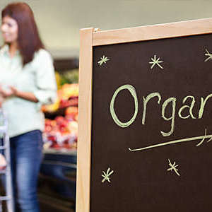 Organic sign in a grocery store with shoppers in the background.