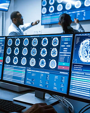 Medical scientists discuss CT brain scan images on a computer screen.